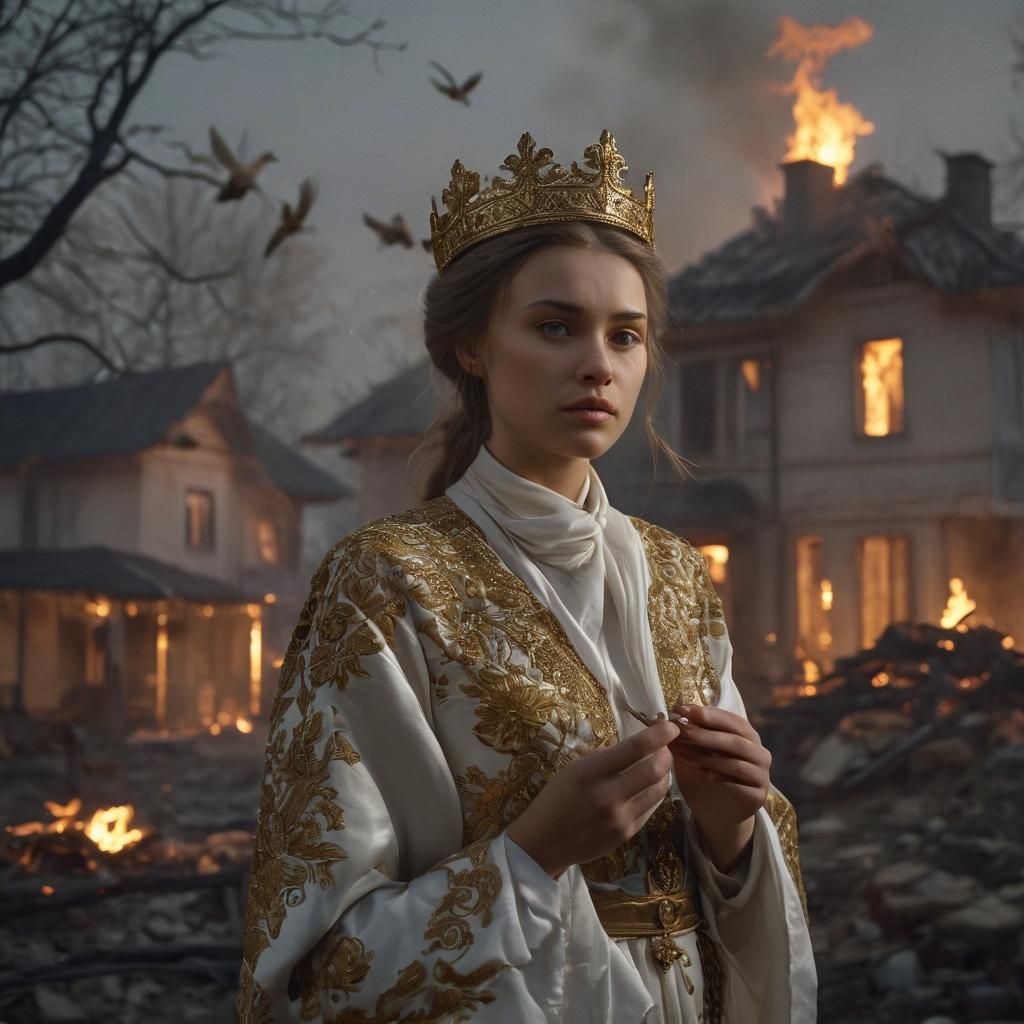 Ukrainian Princess Lights Cigarette in Burning Village