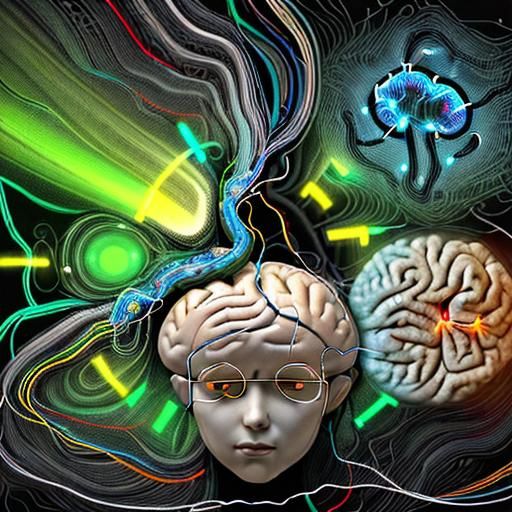 a human brain is depicted, with electrical signals represent...