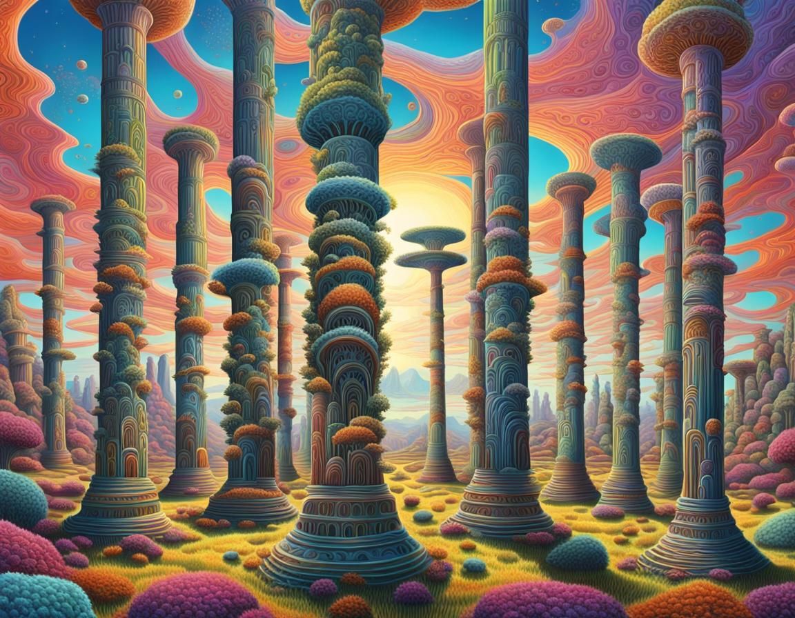 Psychedelic Pillars in Surreal Field: Visionary Art