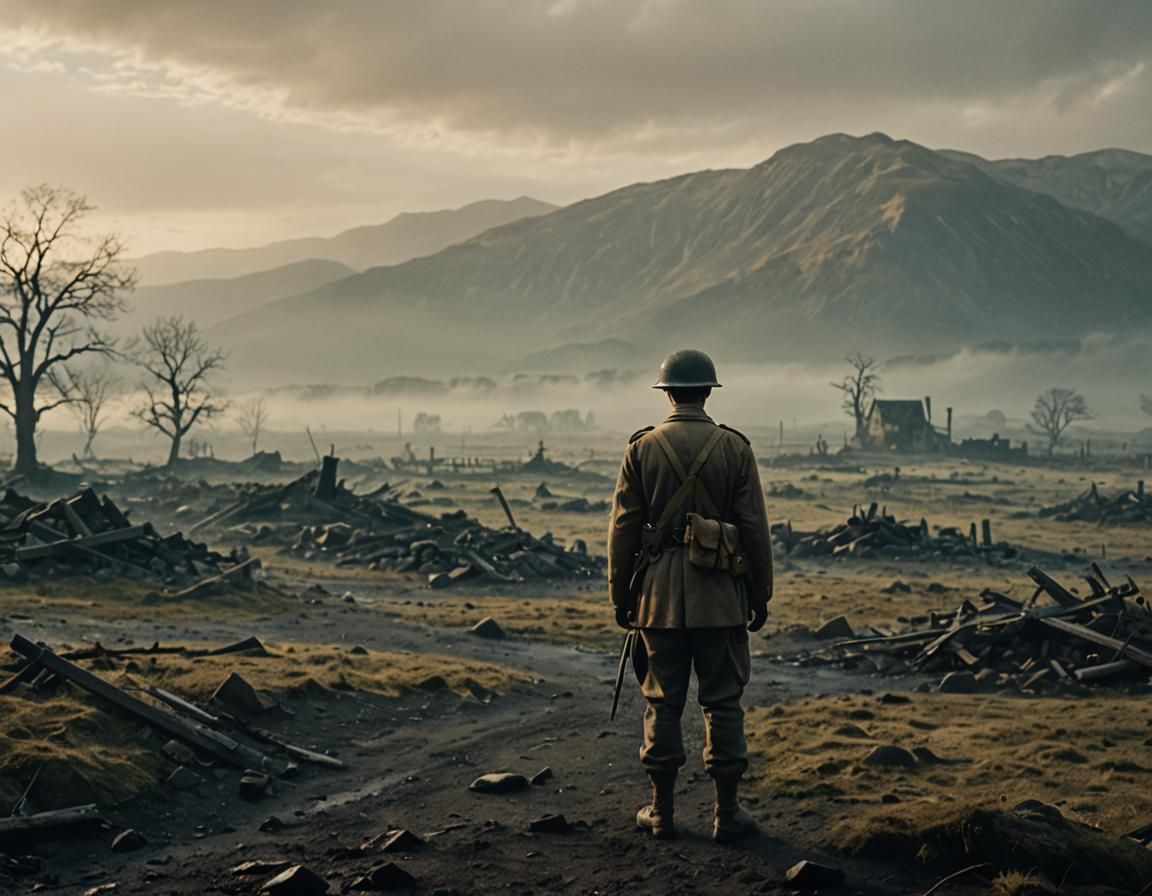 Lost WWII Soldier in Misty Landscape: Cinematic Film Still