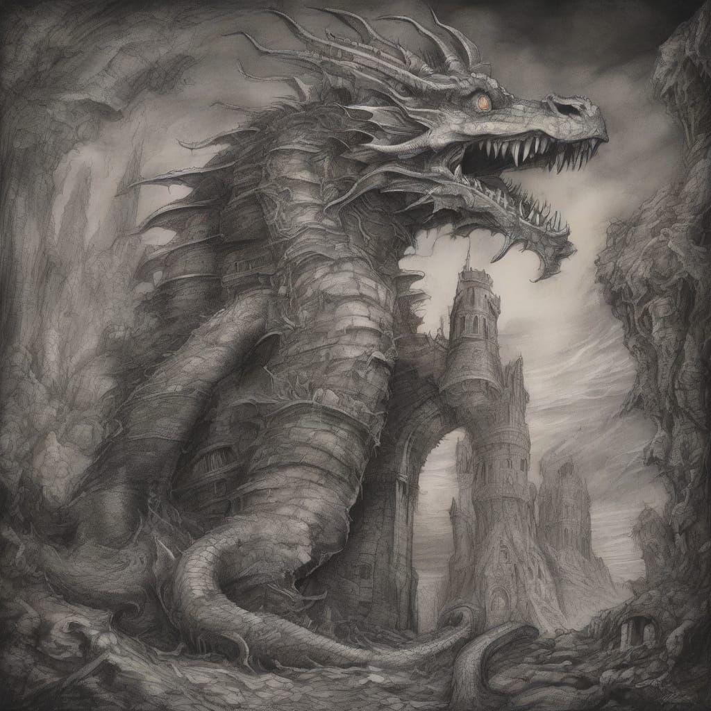 Biomechanical Dragon Coiling Around Ruined Tower Charcoal Dr...