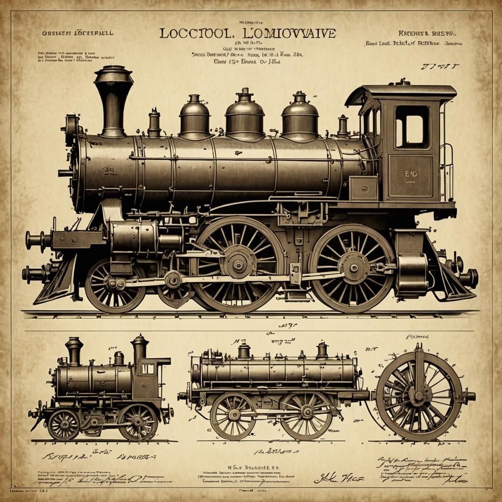 Locomotive Engine Patent Diagram in Sepia