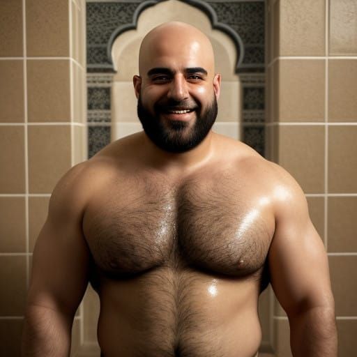 Shirtless Man in Moroccan Bathhouse with Fur and Beard