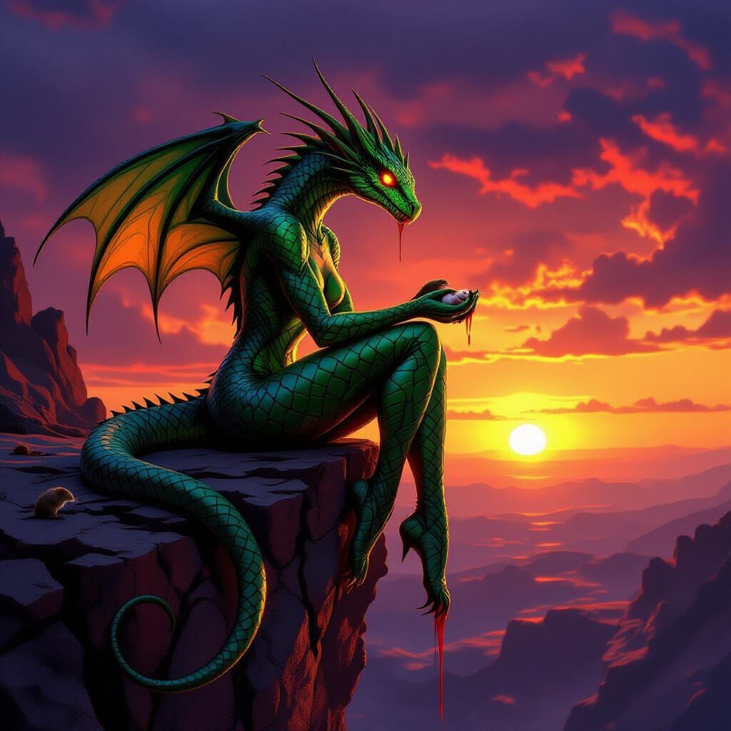 Anthropomorphic Basilisk Woman on Cliff at Sunset