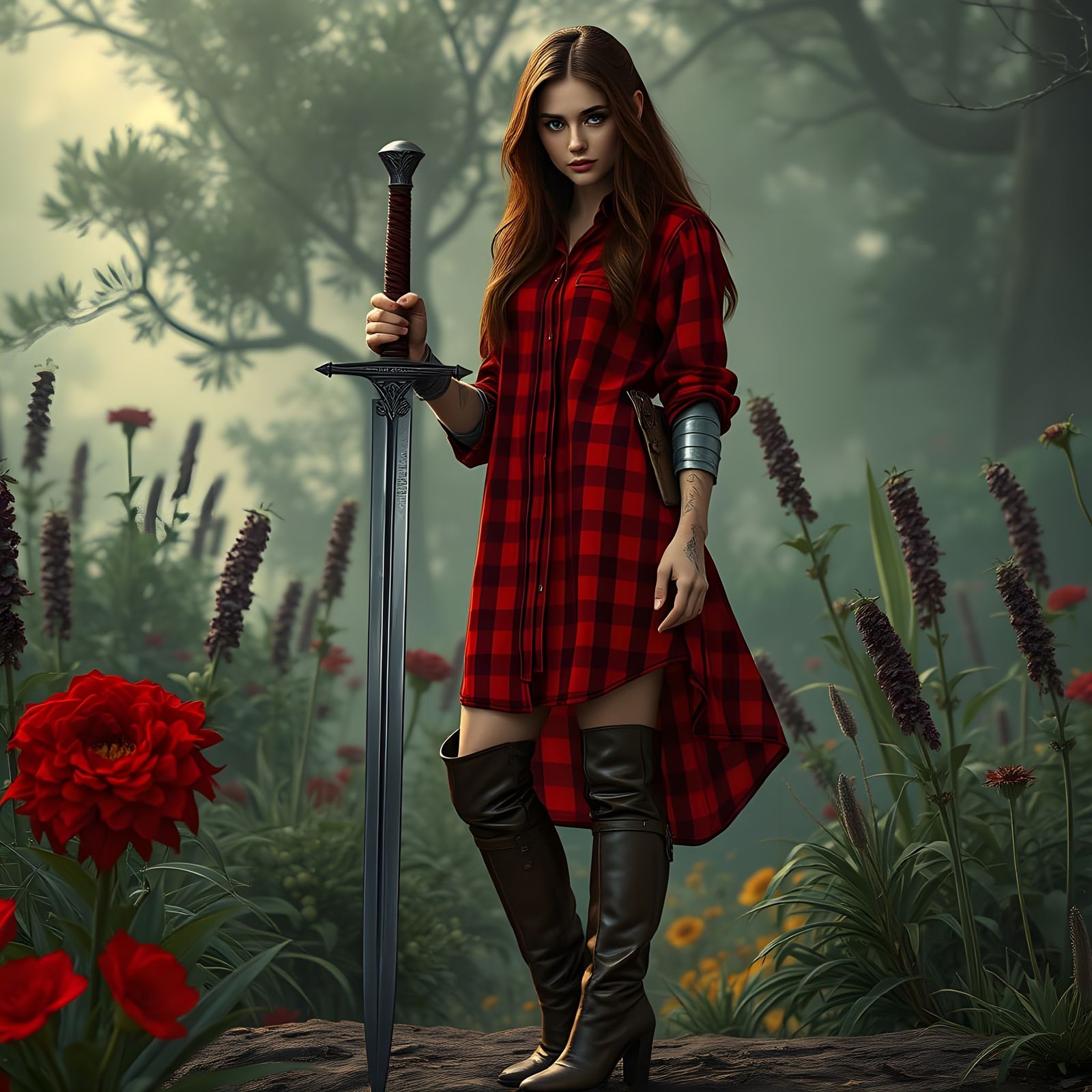 Woman Warrior in Fantasy Garden, Cinematic Art