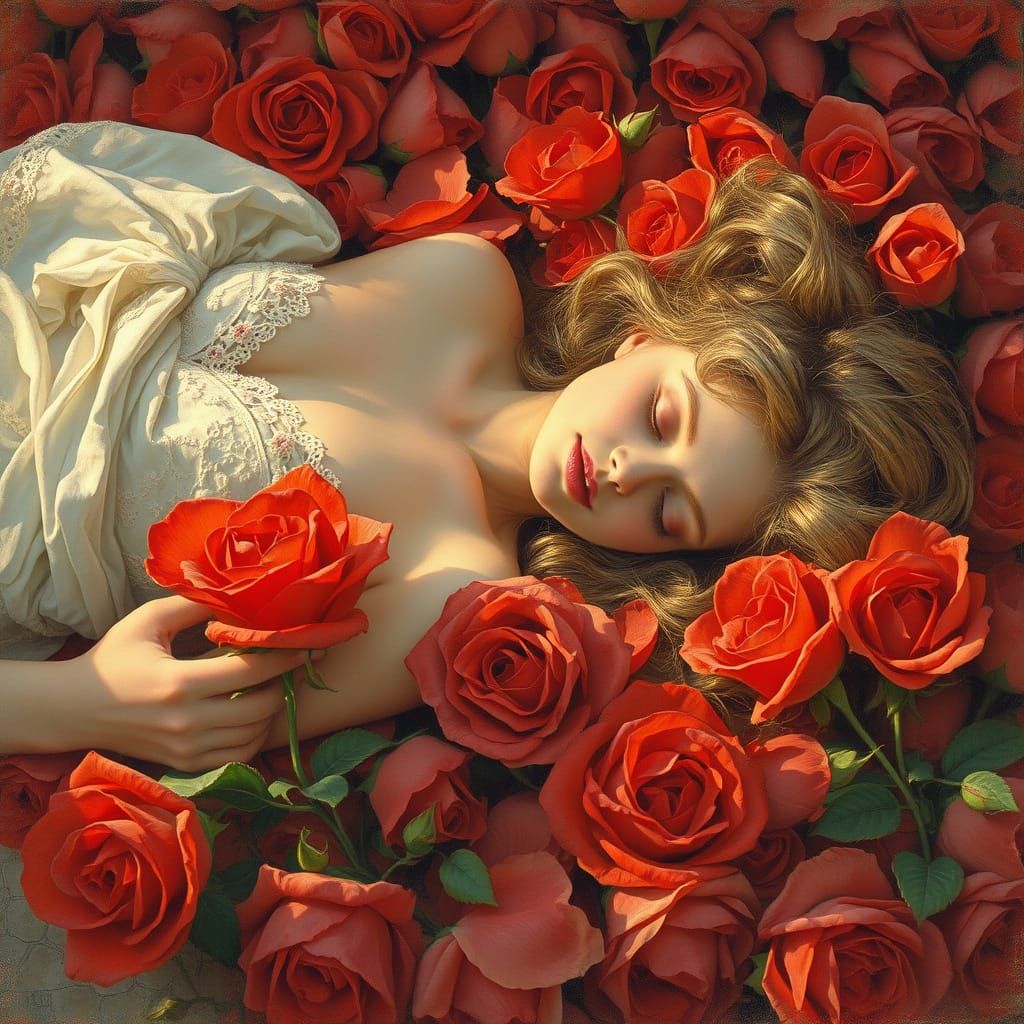 Romantic Woman in a Whimsical Rose Garden