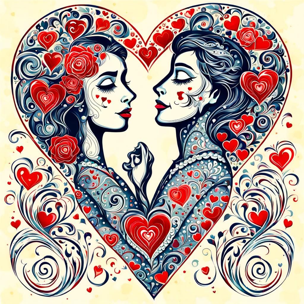 Fantasy: Loving Couple Surrounded by Hearts