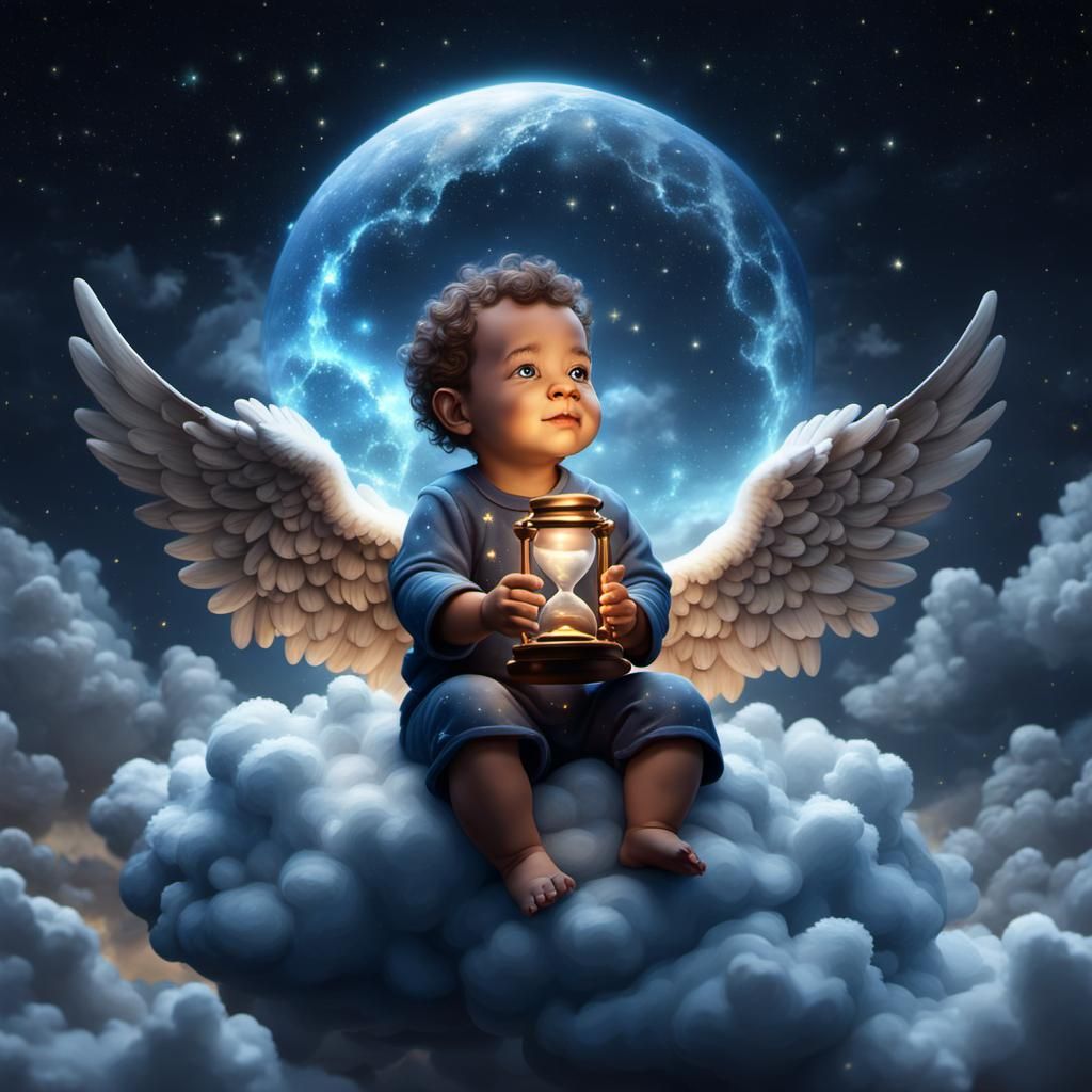 Angel Baby Boy with Hourglass in Starry Sky