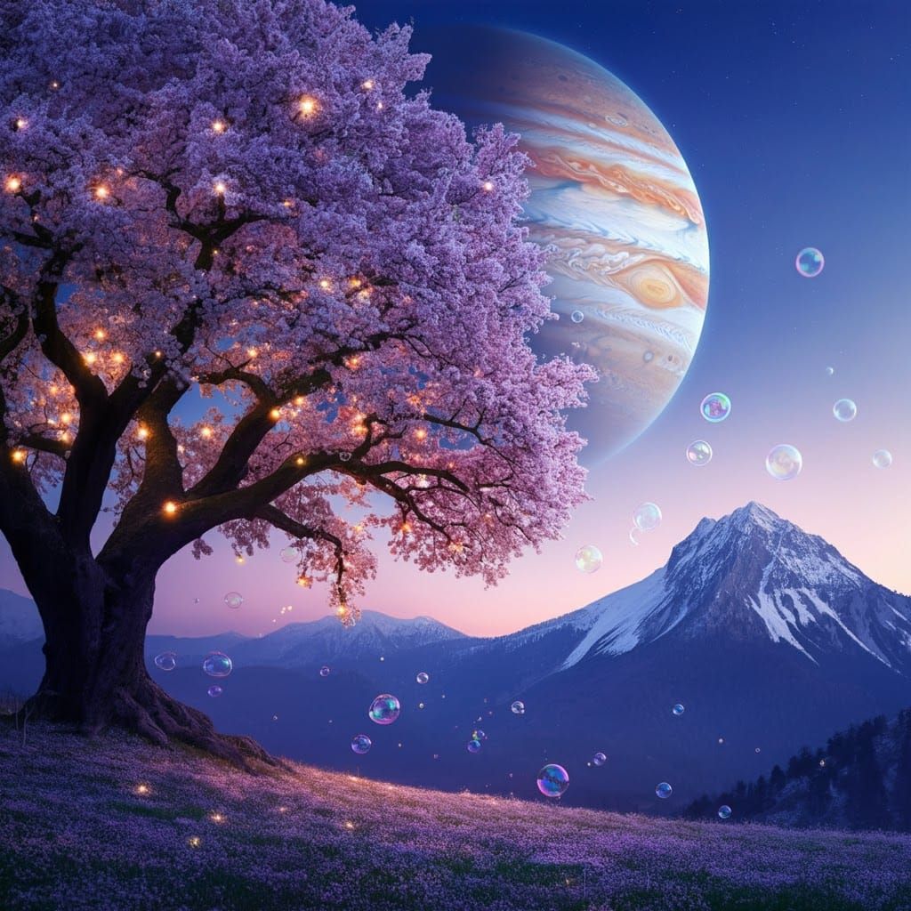 Cherry Blossom Tree with Jupiter Sky, Dreamy Art