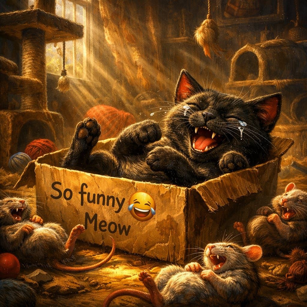 Humorous Black Cat Laughing in Cardboard Box