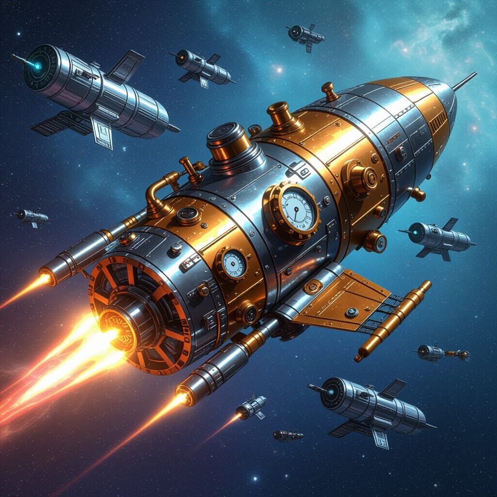 Cyberpunk Rocket Ship in Space with Gears and Steam