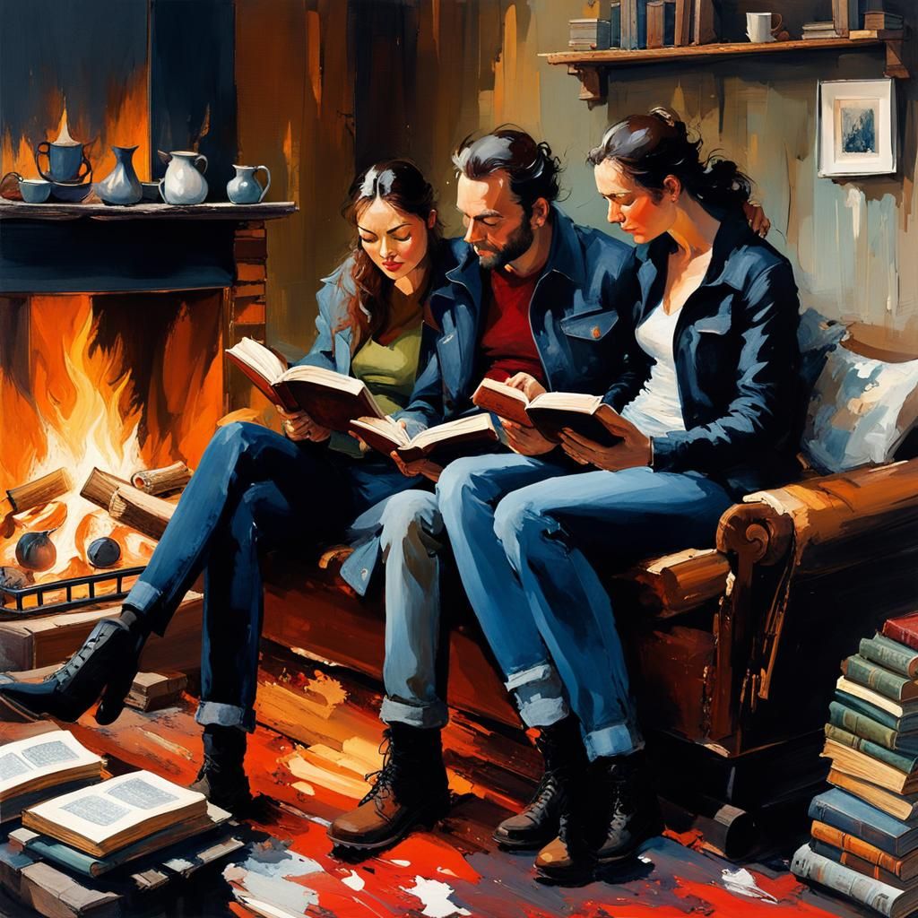 Couple Reading by Fire in Marbling Style