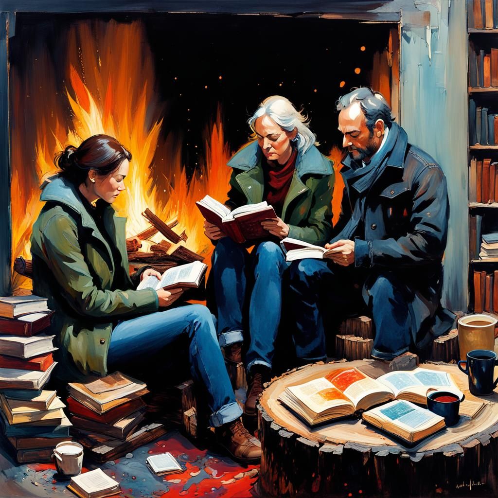 Couple Reading by Fire: Hygge-Style Illustration