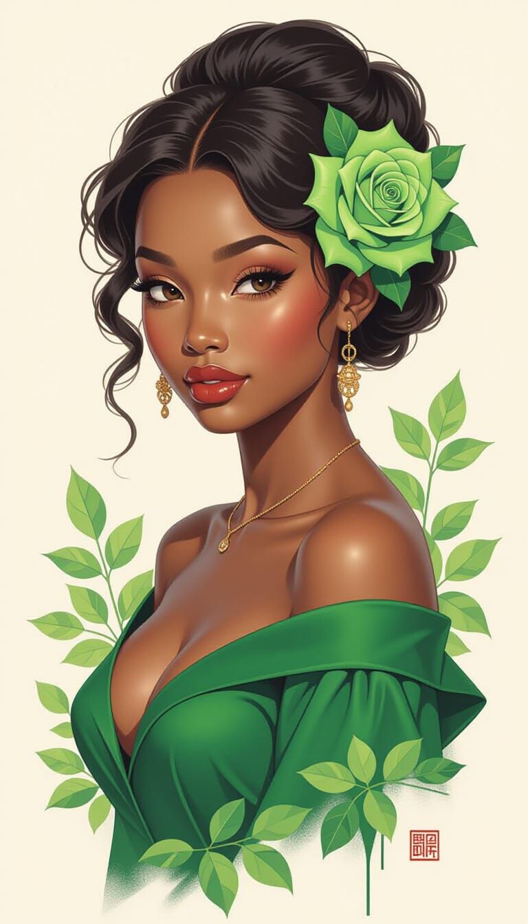Sensual African Woman with Green Rose Painting