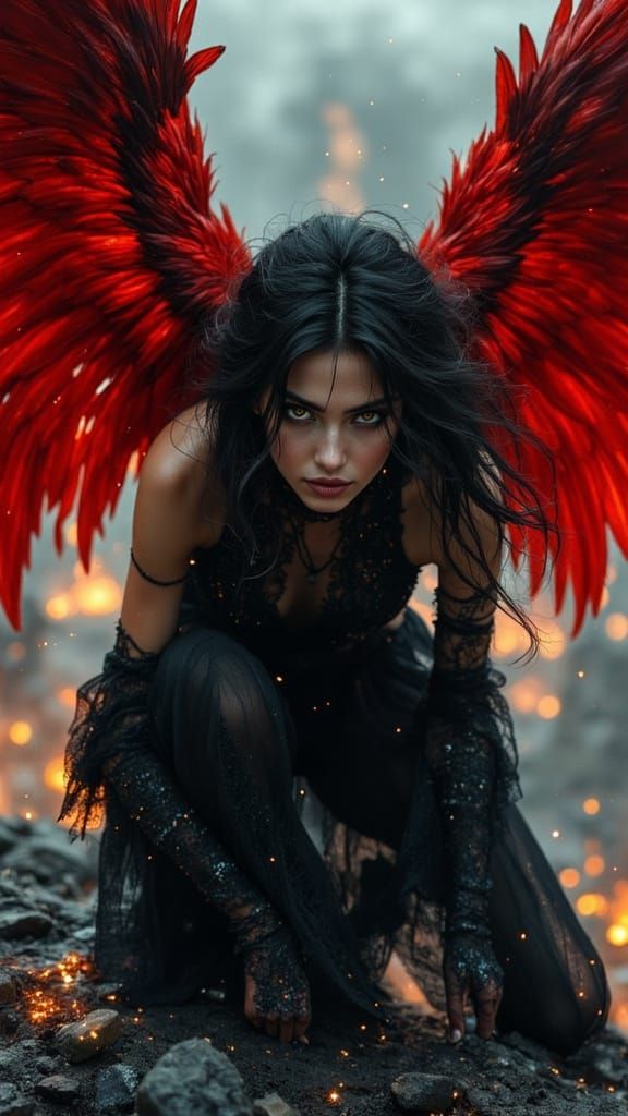 Surreal Fallen Angel Descends from City Skies at Night