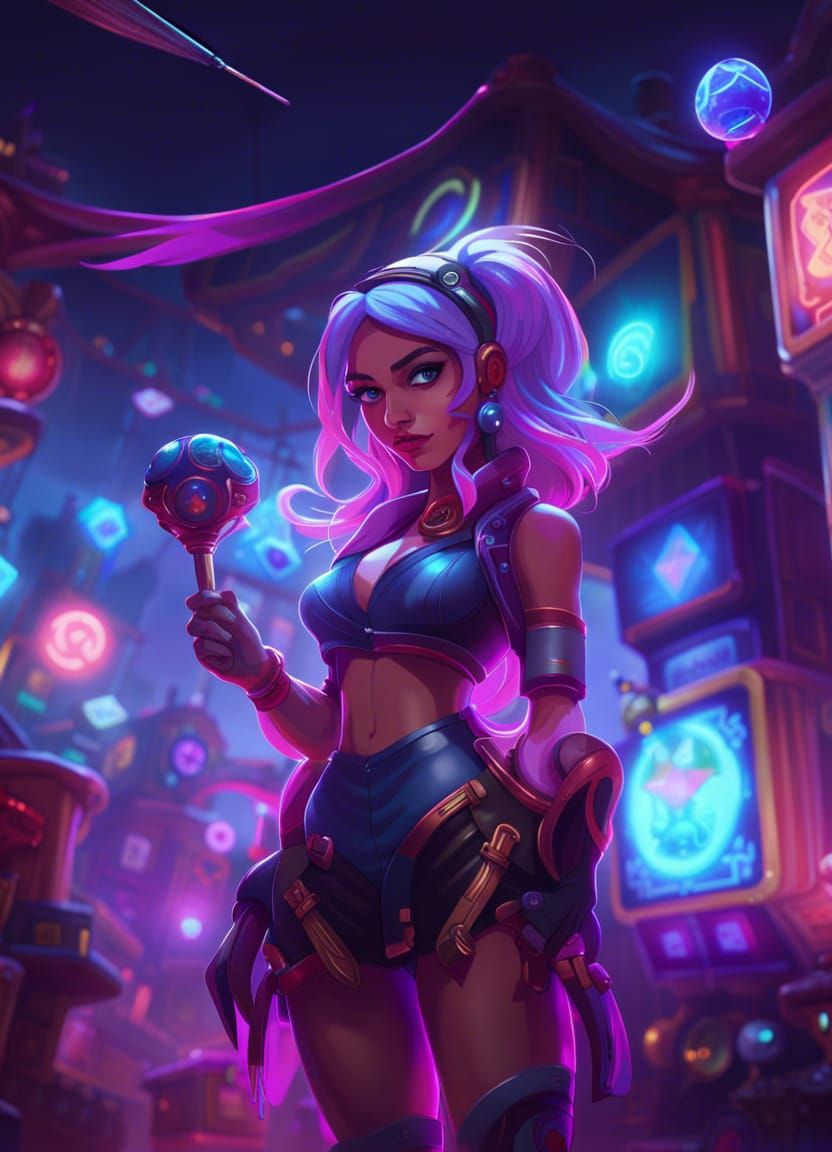 Arcane League Girl with Wind-Up Toy in Neon Arcade