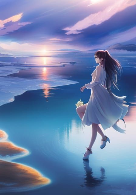 Anime Girl Walks on Water at Dawn