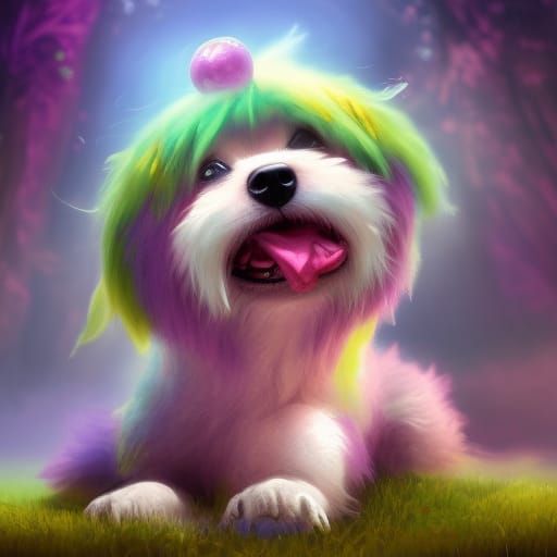 Cute Monster Puppy in Lilac Forest: Fantasy Art