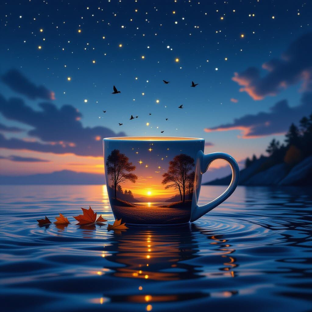 Autumn Scene Spills from Mug into Water Under Constellations