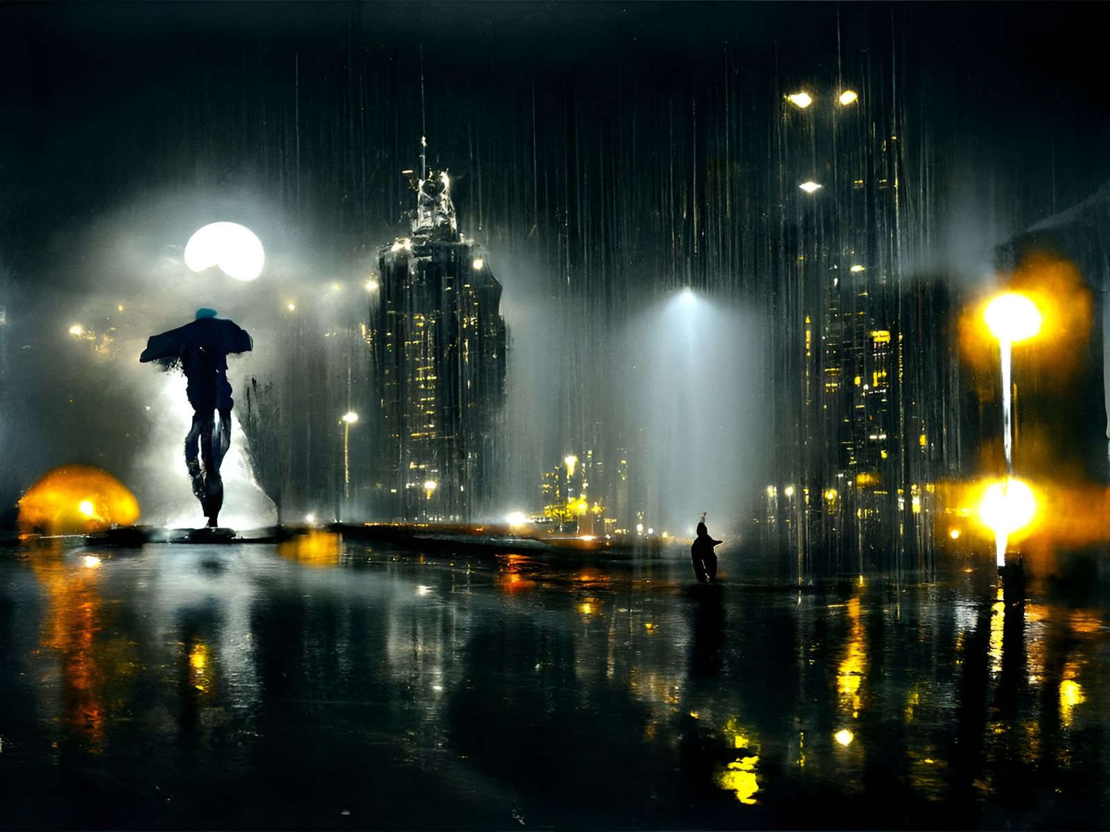 Man Walks in Rainy Futuristic Cityscape, Film Noir