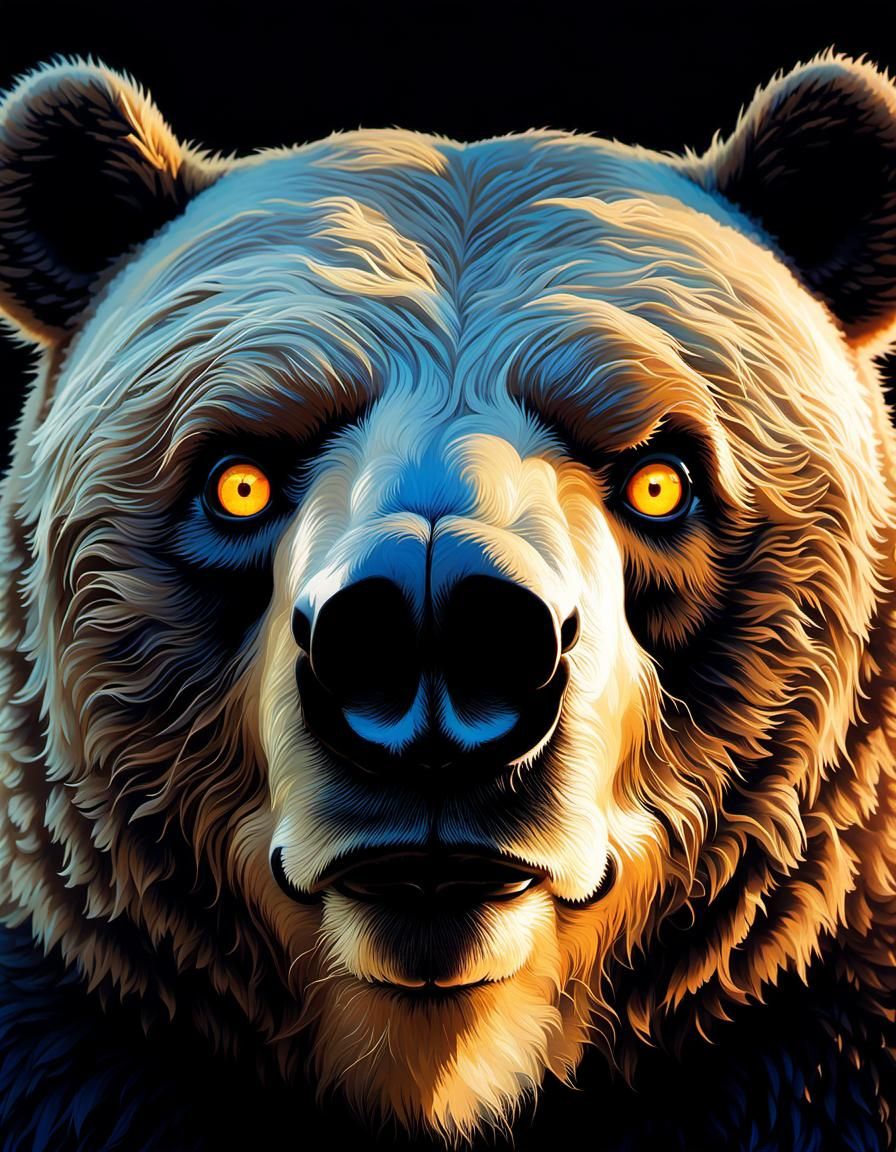 Towering Obese Bear with Glowing Eyes in Volcanic Hyperspace