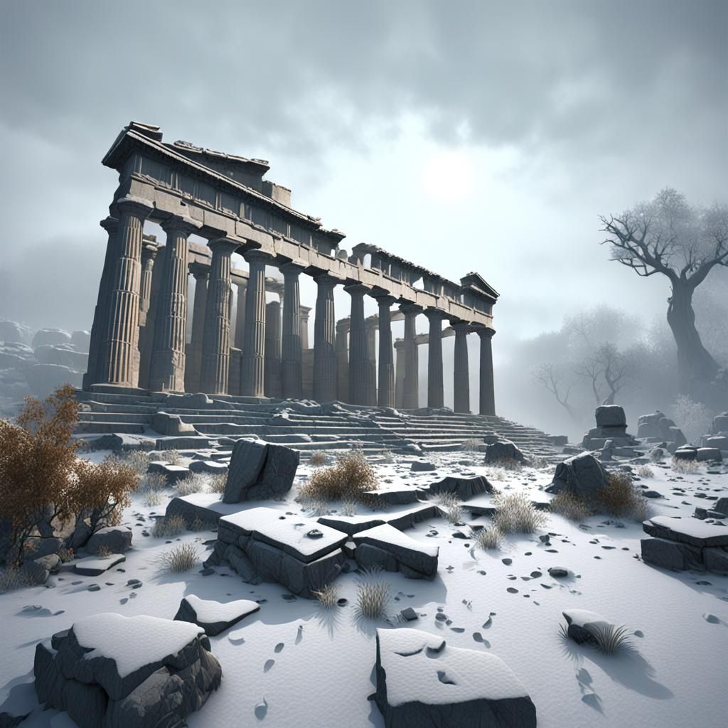 Ruined Acropolis in Snow, Photorealistic Digital Art