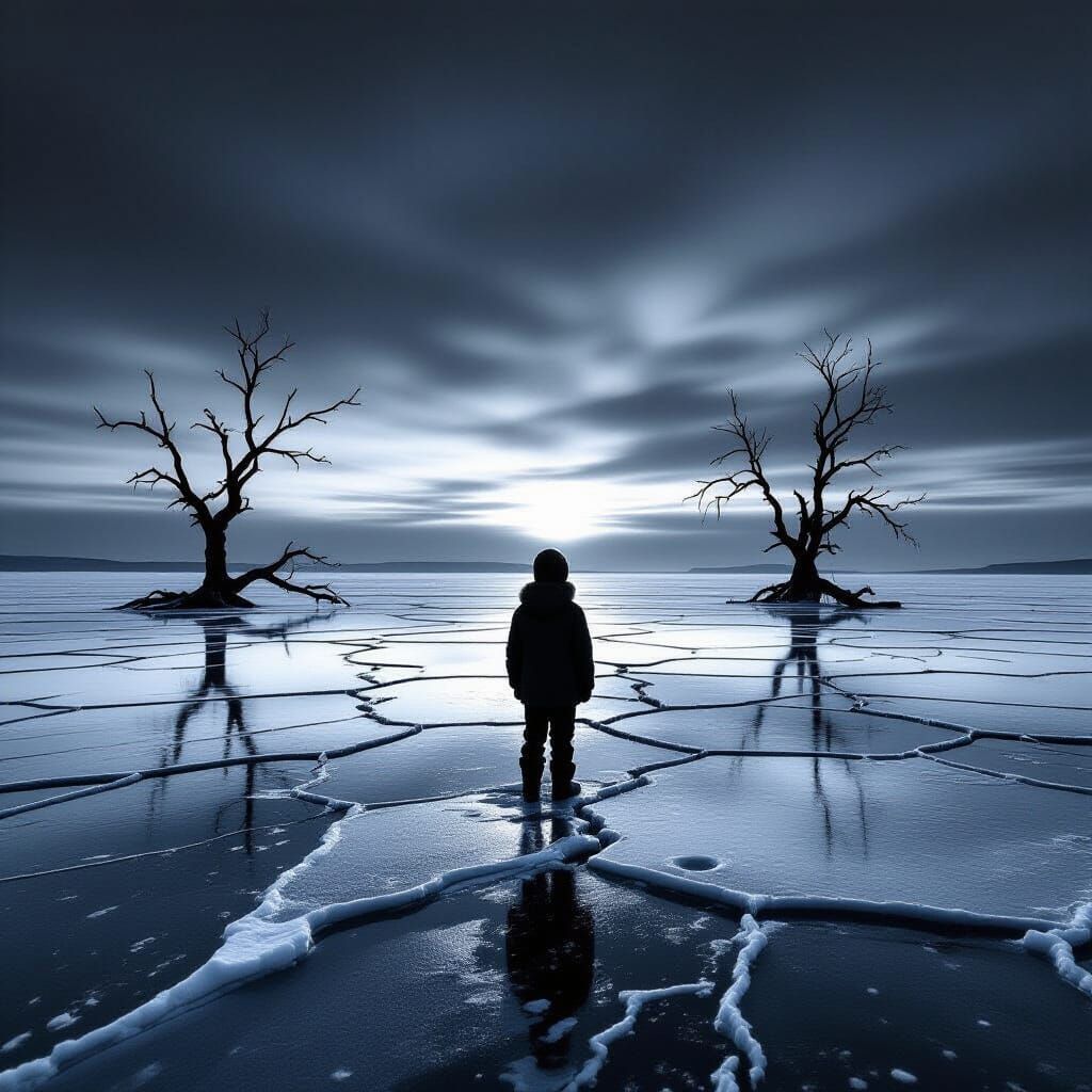 Child on Cracked Ice Plain Under Twilight Sky