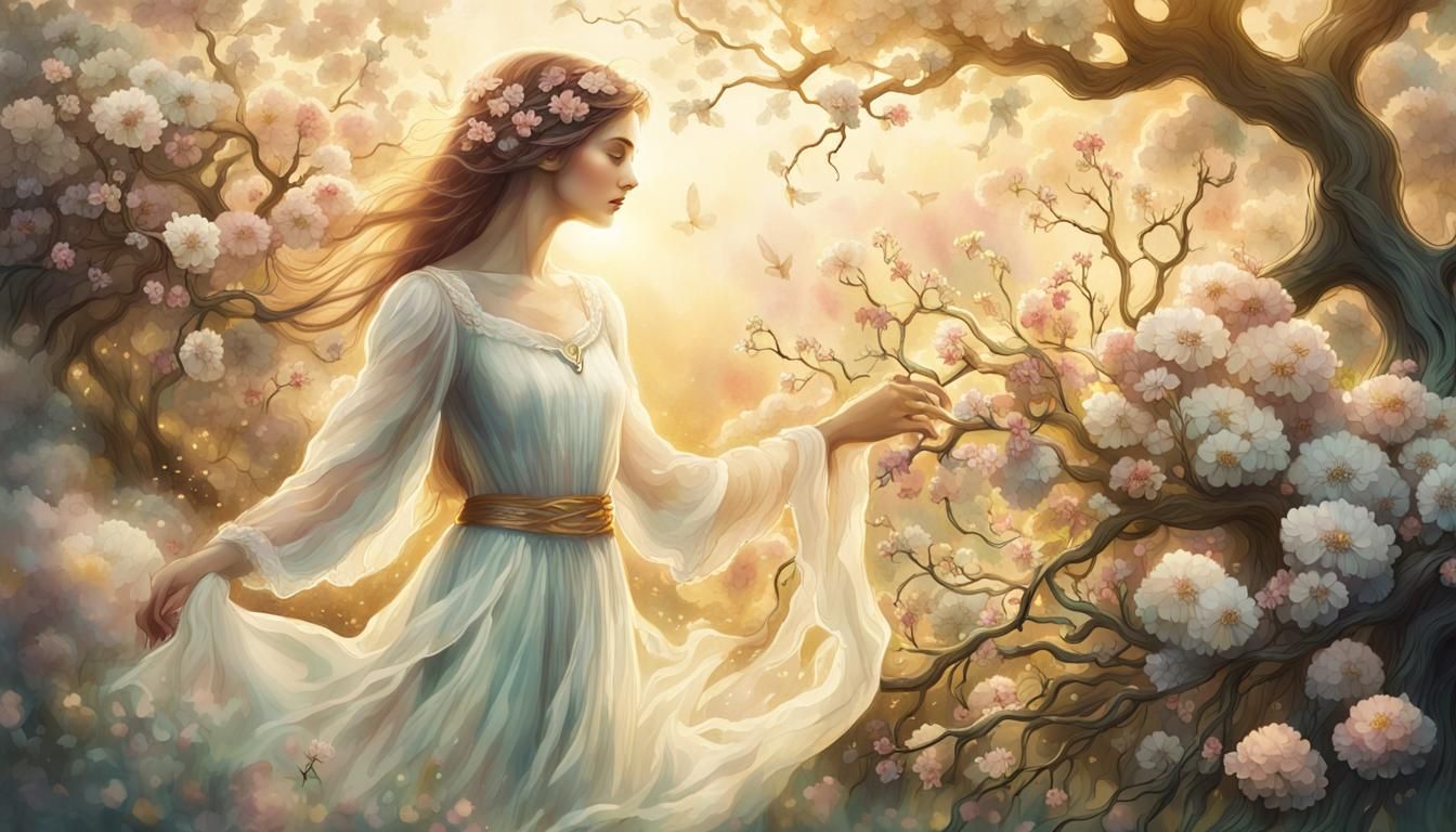 Woman in Floral Garden: Arthur Rackham Style