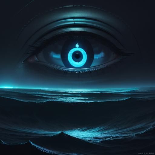 Glowing Eyeball UFO Over Deep Sea in Ethereal Art