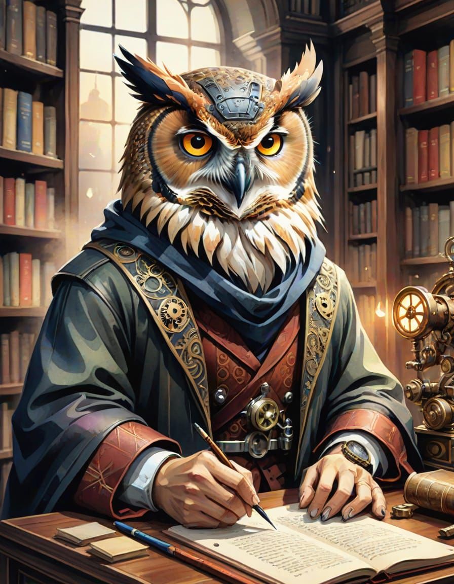 Wise Clockwork Owl Scholar in a Cozy Library Scene