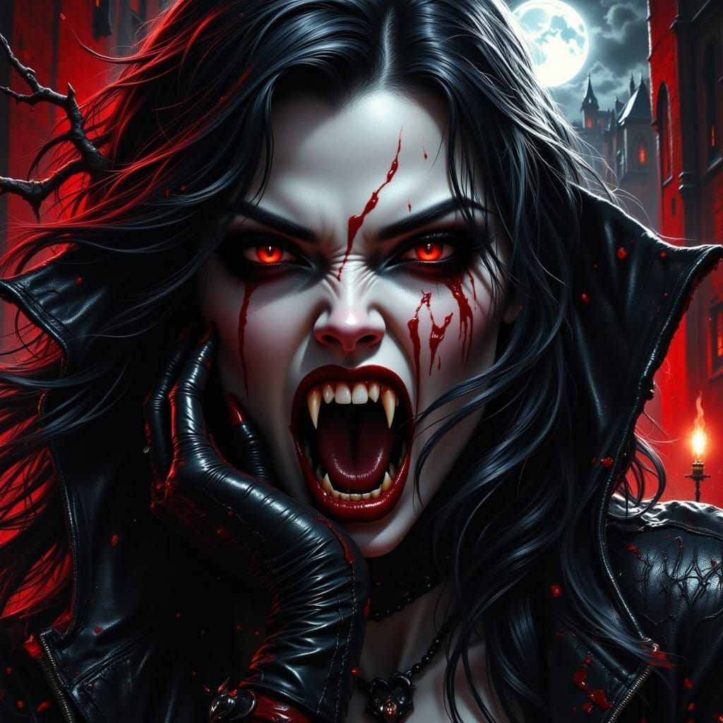 Dark Vampiress Sinks Fangs Into Victim