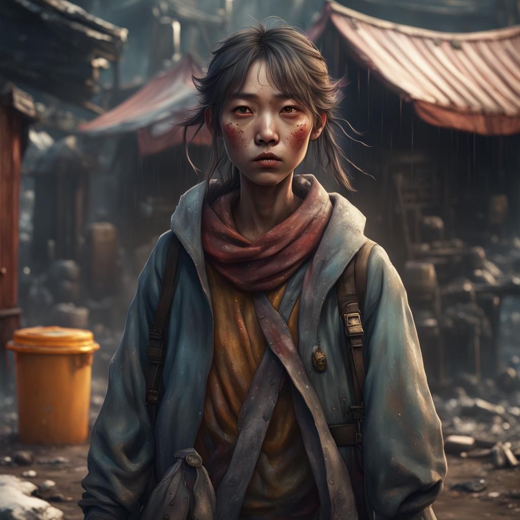 Detailed Matte Painting of Korean Girl in Trash