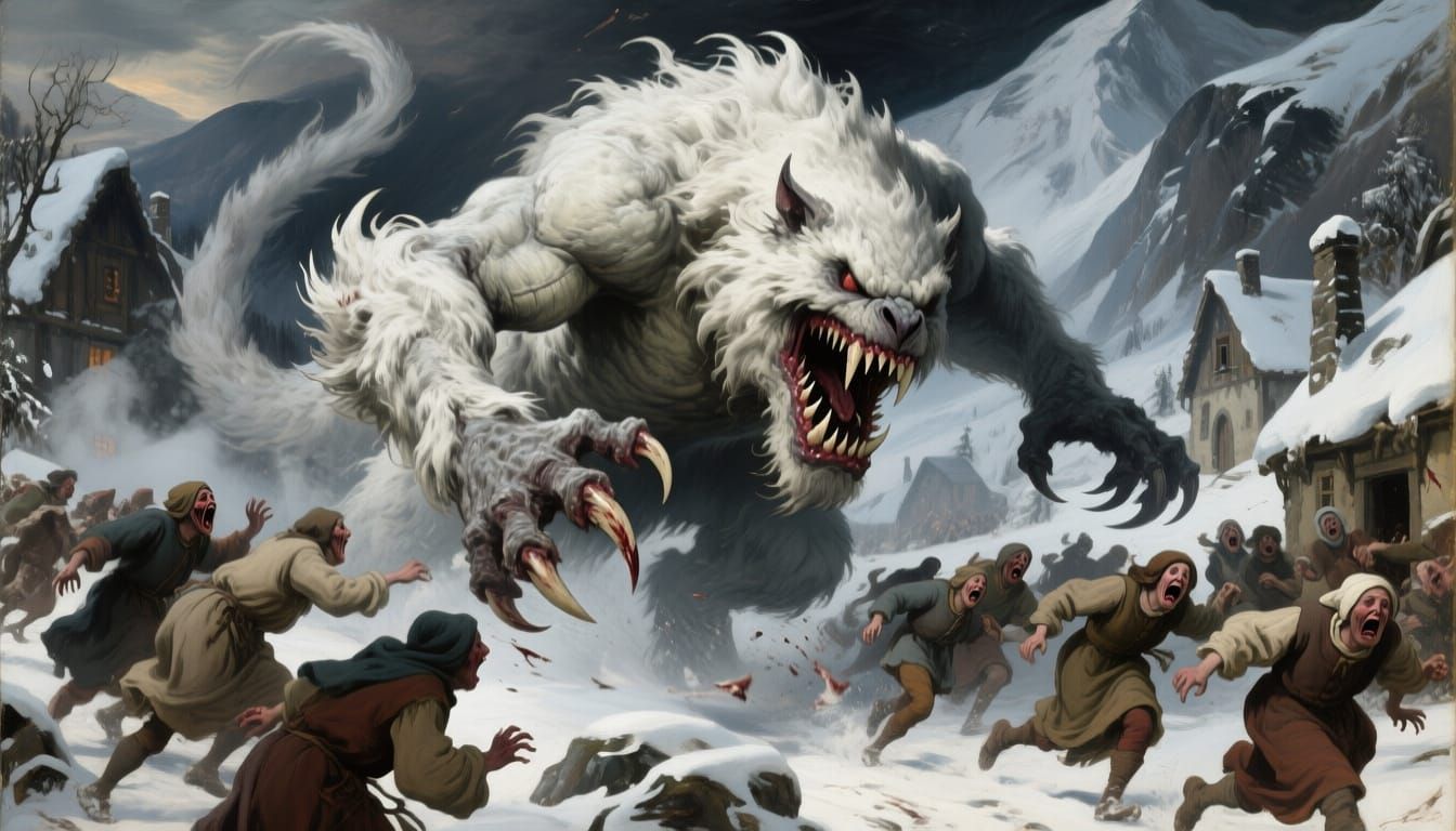 Grotesque Fur Beast Attacks Medieval Village in Dark Fantasy...