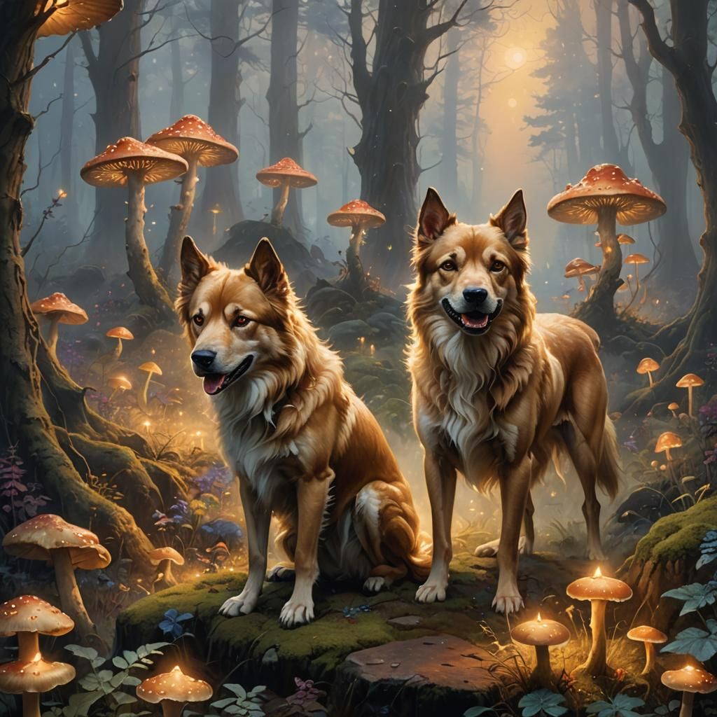 Mystical Three-Headed Dog in Glowing Mushroom Forest