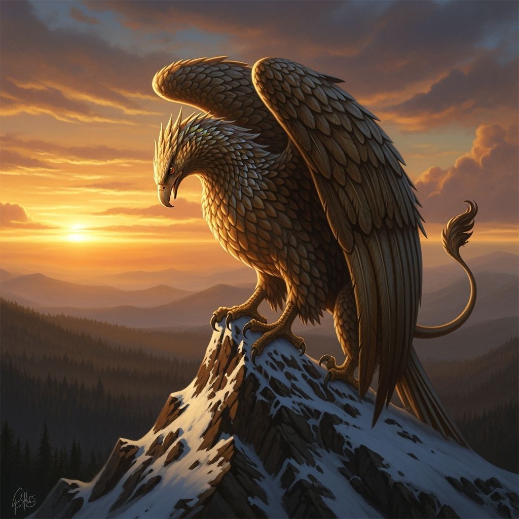 Griffin Perched on Mountain Peak at Sunset