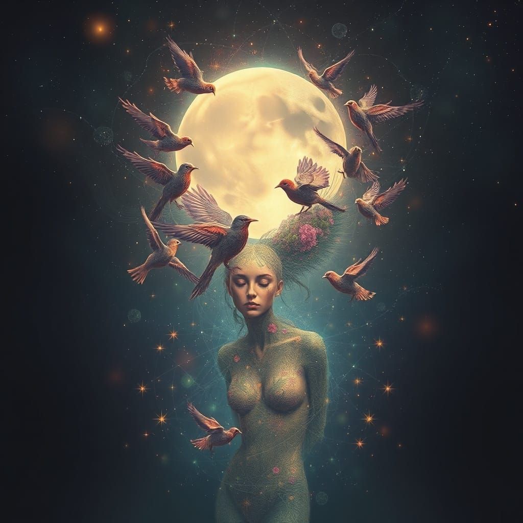 Ethereal Woman With Birds, Nature Connection