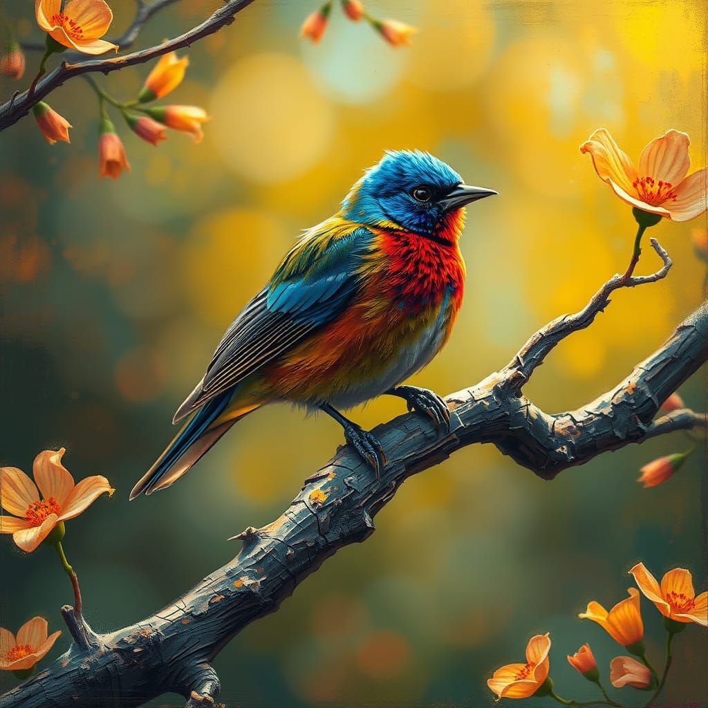 Painted Bunting in Expressive Oil Painting Style