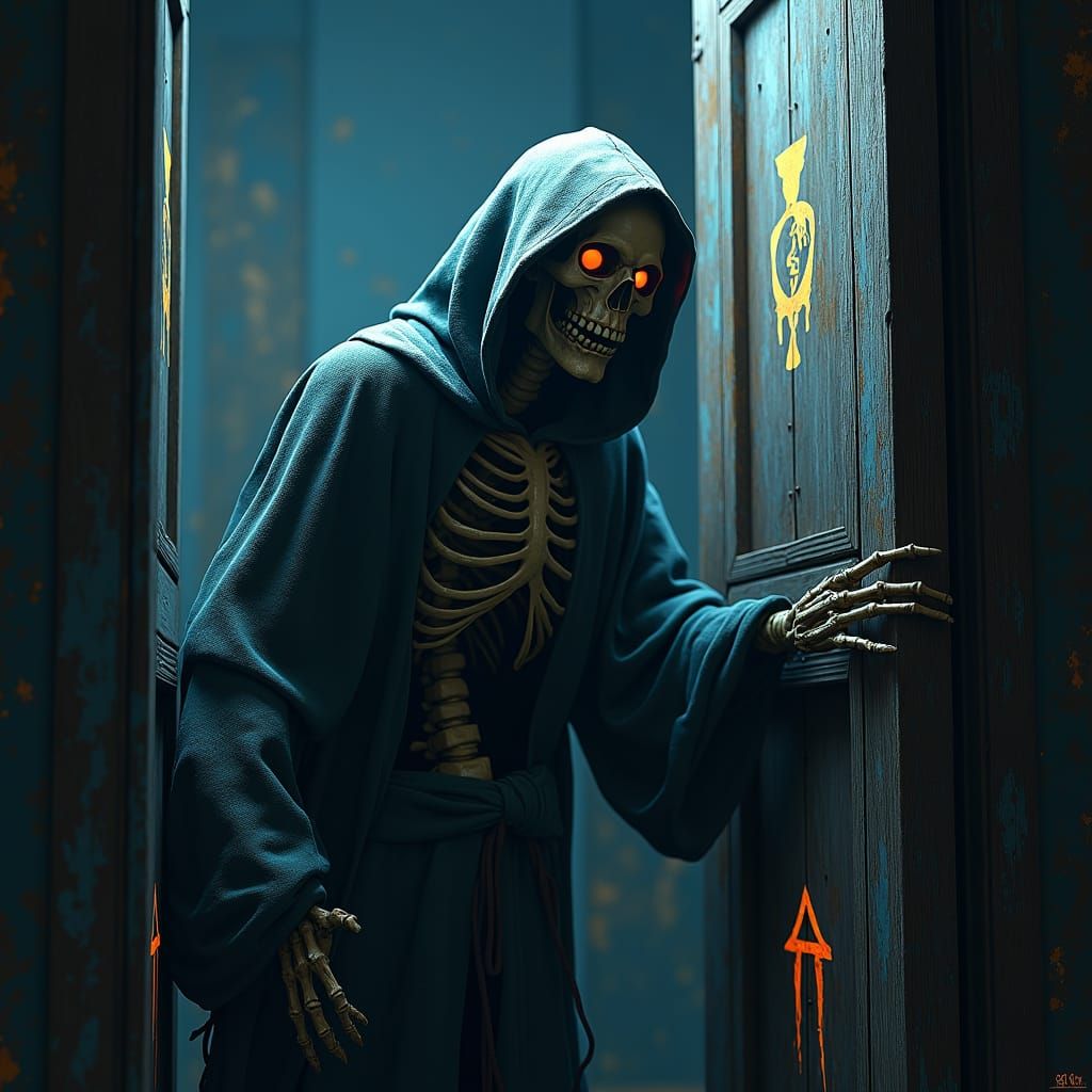 Ominous Skeleton Emerges from Closet: Gothic Fantasy Art