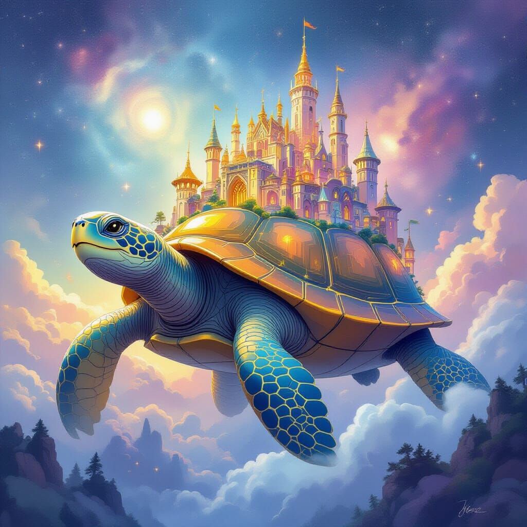 Glowing City on Giant Turtle in Nebula, Painterly Style