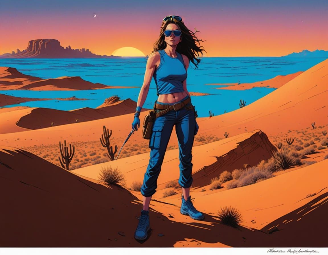 Woman in Vibrant Blue Tank Top Against Desert Landscape