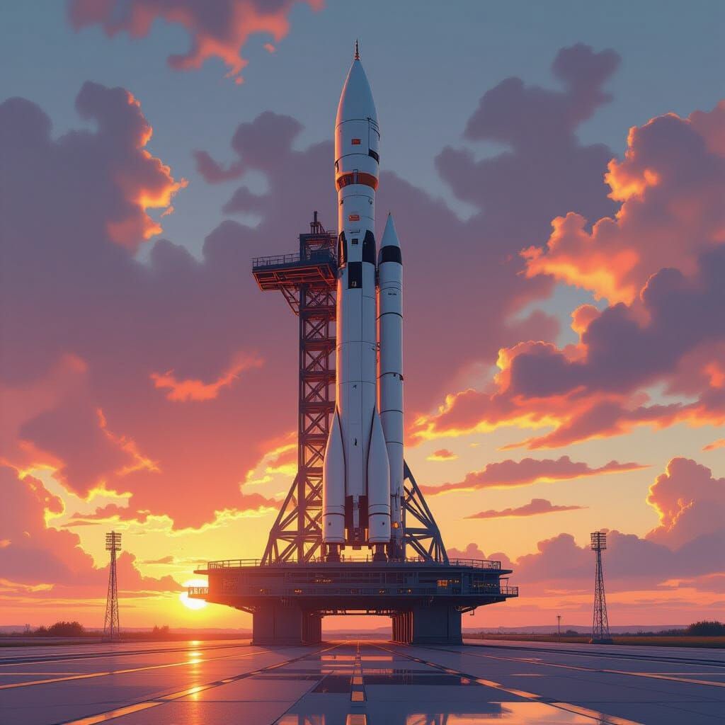 Rocket Ship on Launchpad in Retro-Futuristic Style