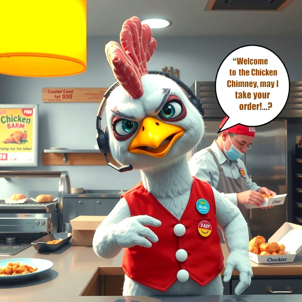 Grumpy Chicken Fast Food Worker in CGI Style