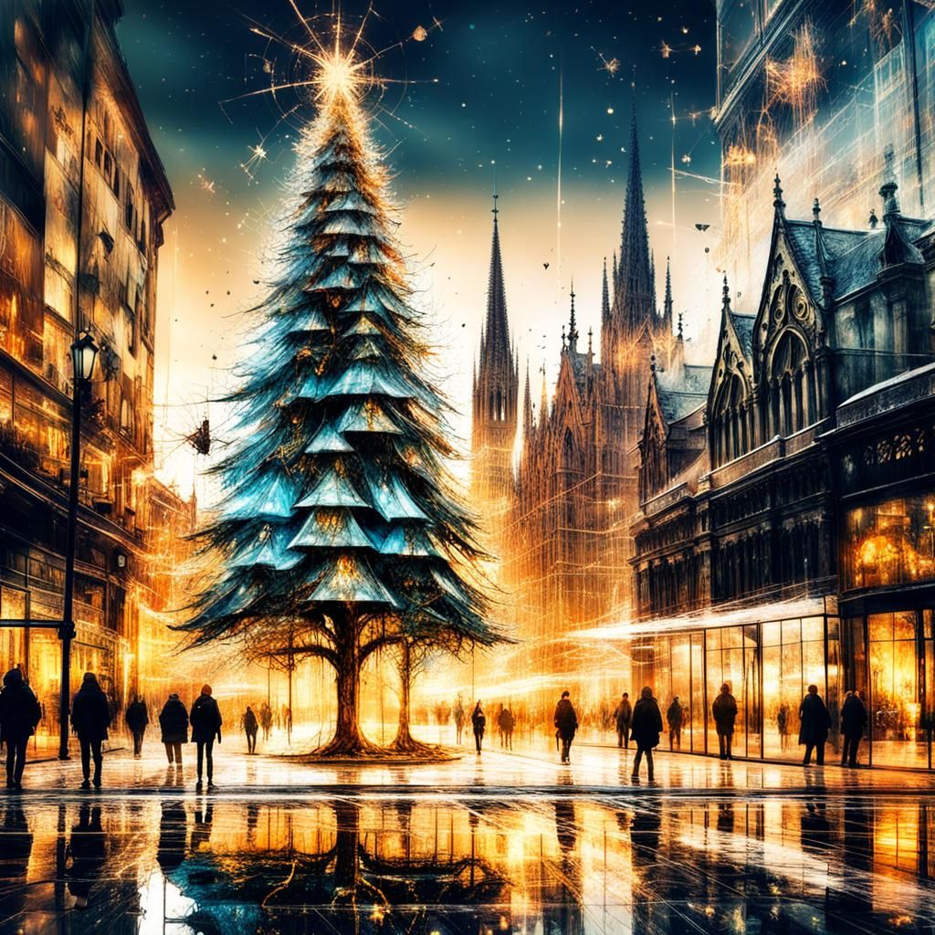Glass Christmas Trees in Gothic City: Digital Art