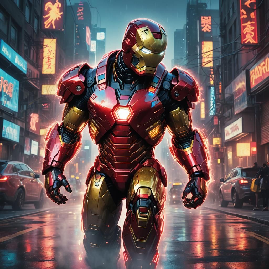 Iron Man Panda Concept Art on Neon Street