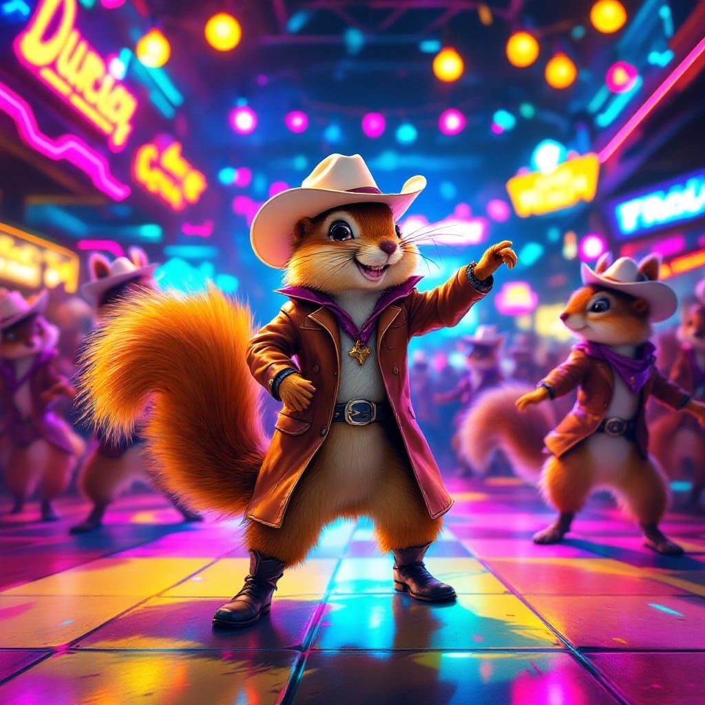 Vibrant 90's Cowboy Squirrel Two-Steps in Neon Honky-Tonk