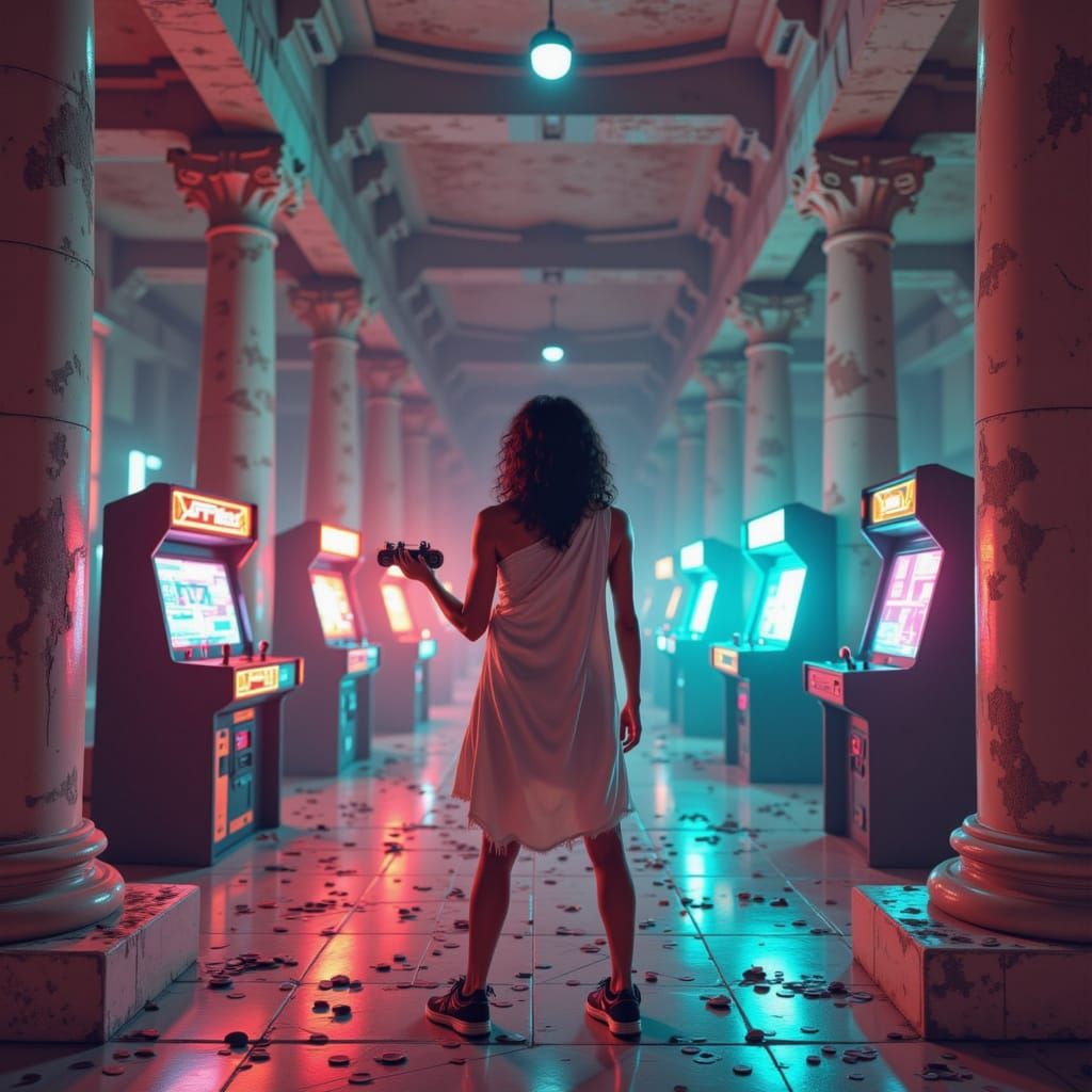 Woman in Neon Roman Temple Arcade Holding Joystick