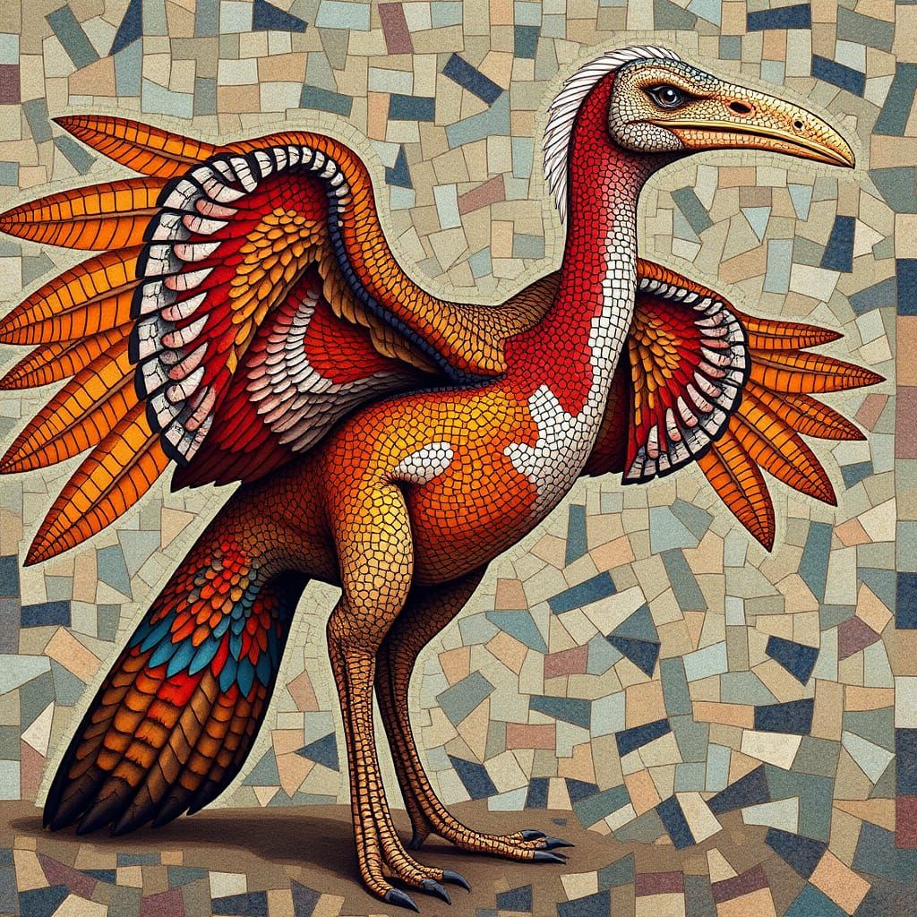 Prehistoric Pterosaur in Ancient Roman Mosaic Style