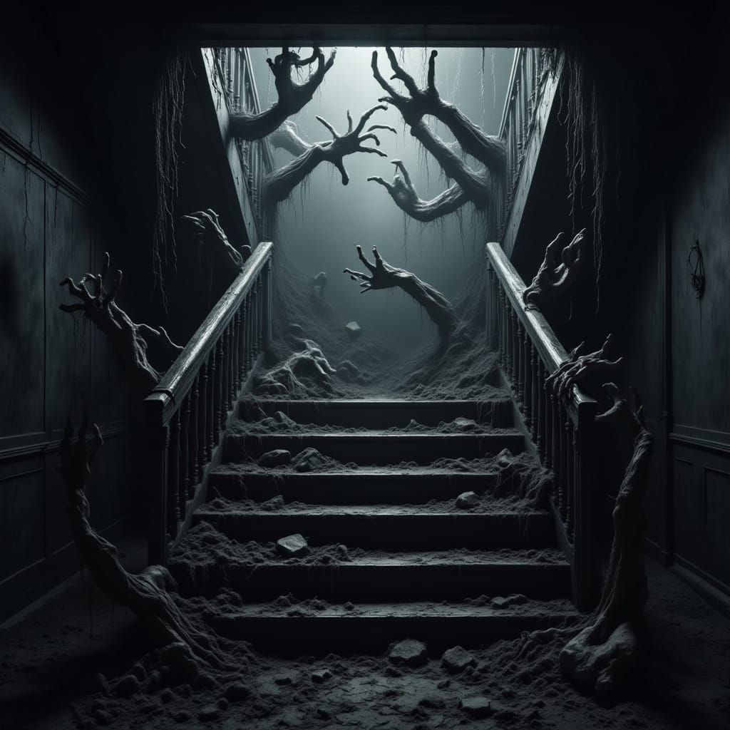 Ethereal Limbs Converge on a Creepy Mansion Stairwell in Dar...