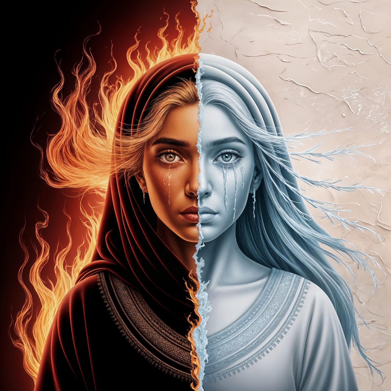 Minimalist Portrait of Woman Split by Fire and Ice