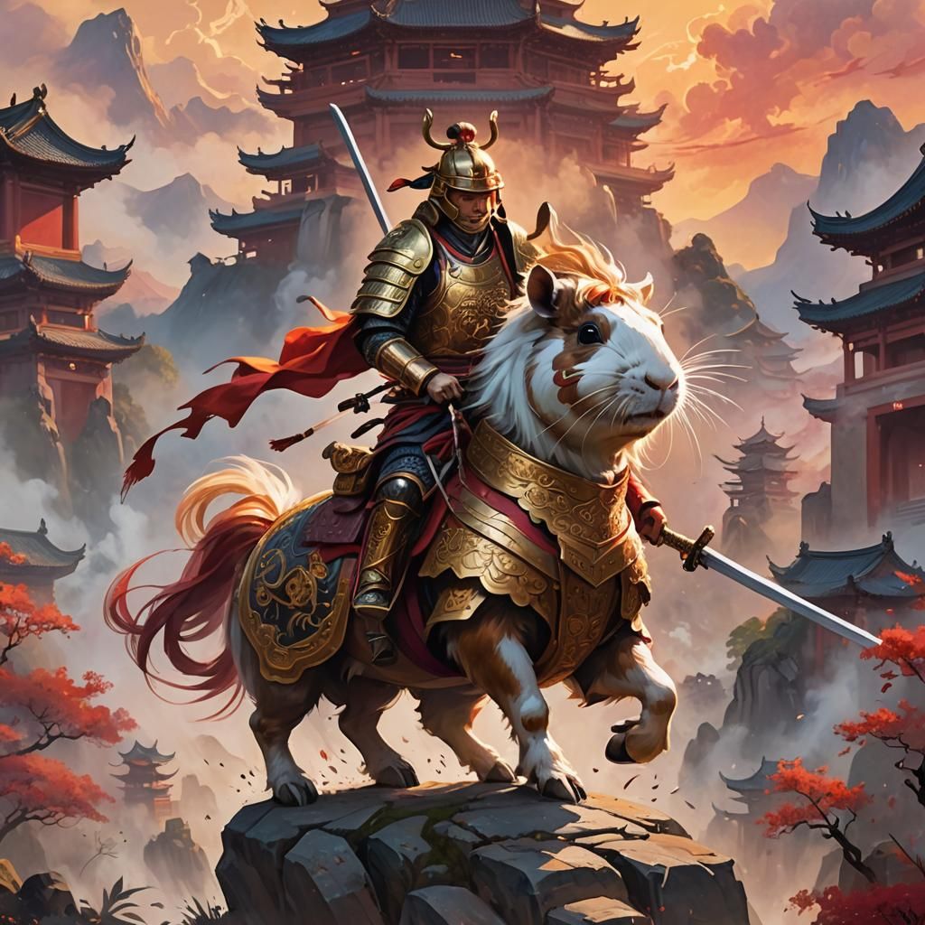 Guinea Pig Samurai on Horseback in Ancient China